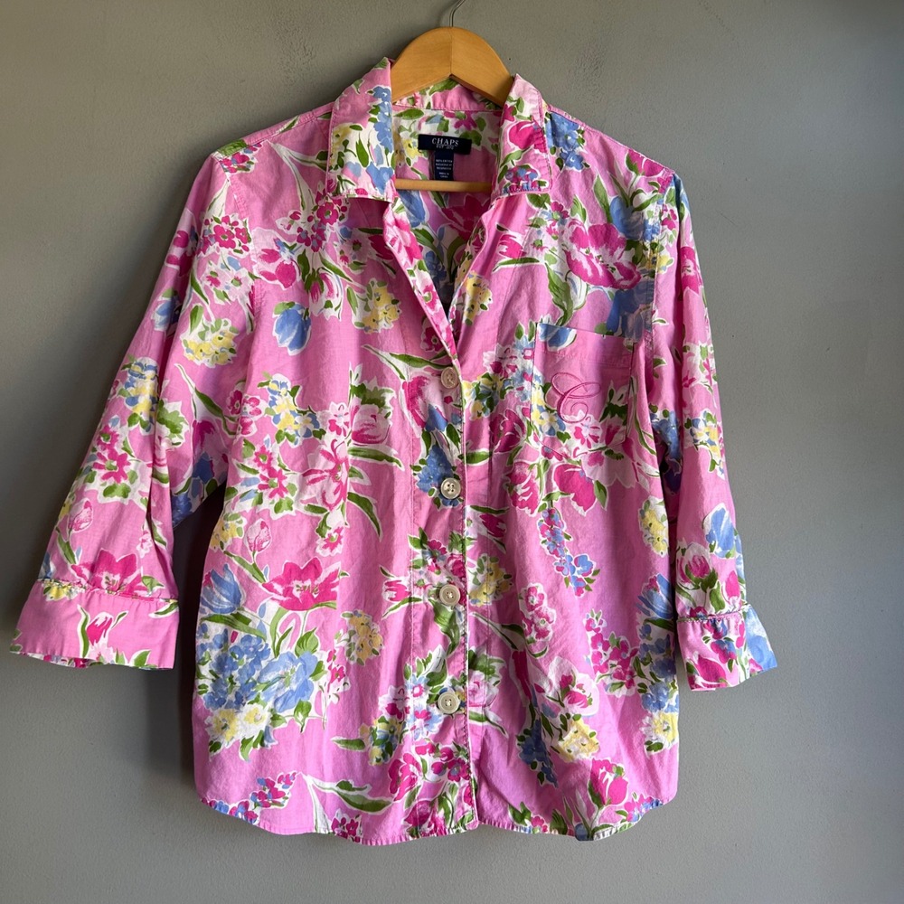 Chaps Womens XL Pink Floral Cotton Button Down Pajama Top 3/4 Sleeve Sleep Shirt